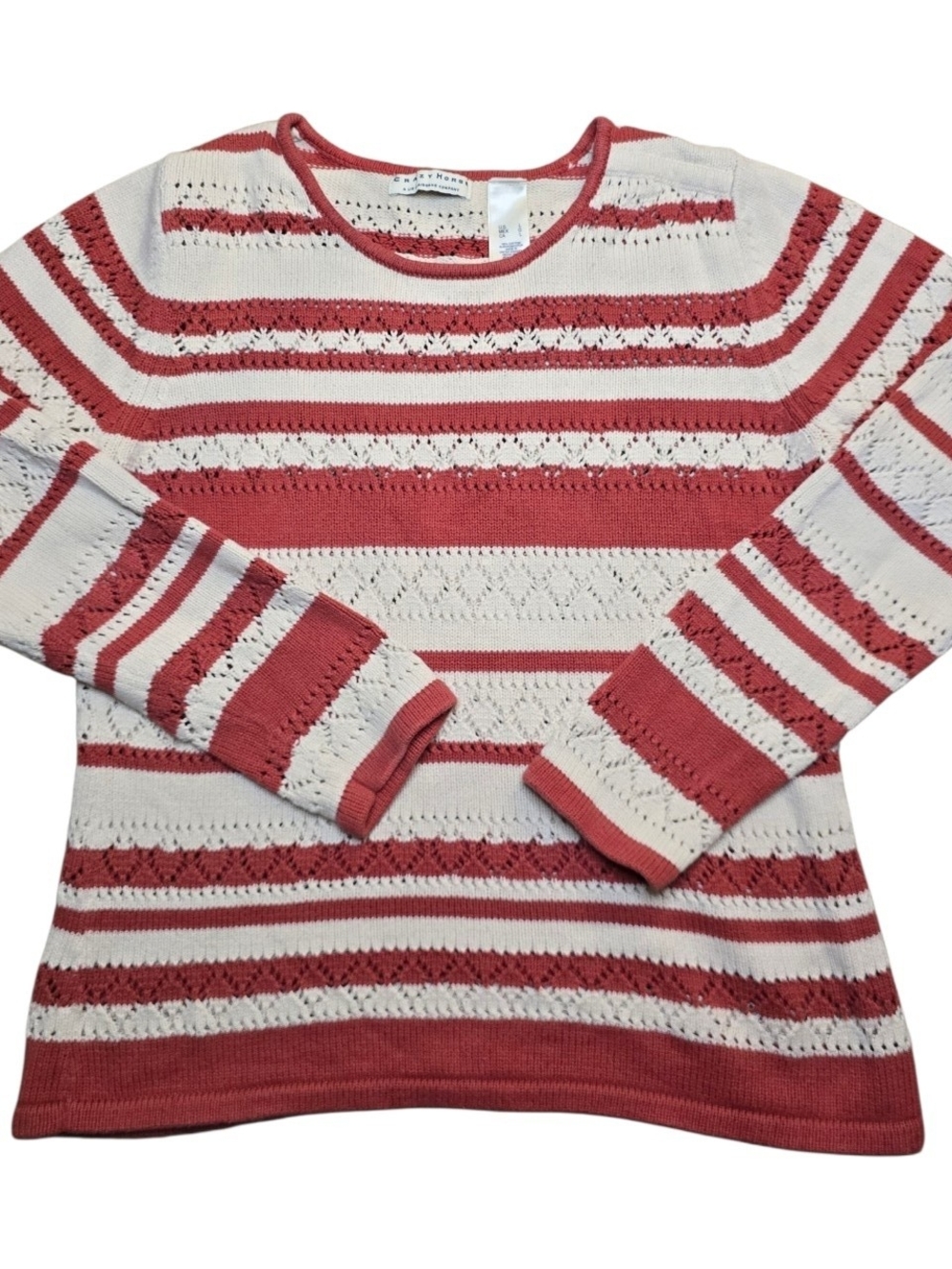 Striped Open-Knit Crewneck Sweater - Light Red & Cream